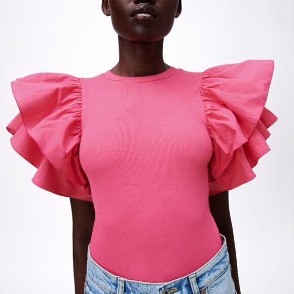 Pink ZARA Ruffle Sleeve Rib Knit Bodysuit Top (NWT) - Picture 8 of 8